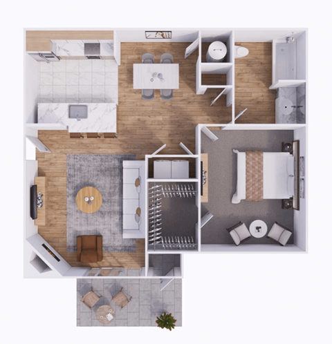 Floor plan for 1 bed, 1 bath, 730 sqft